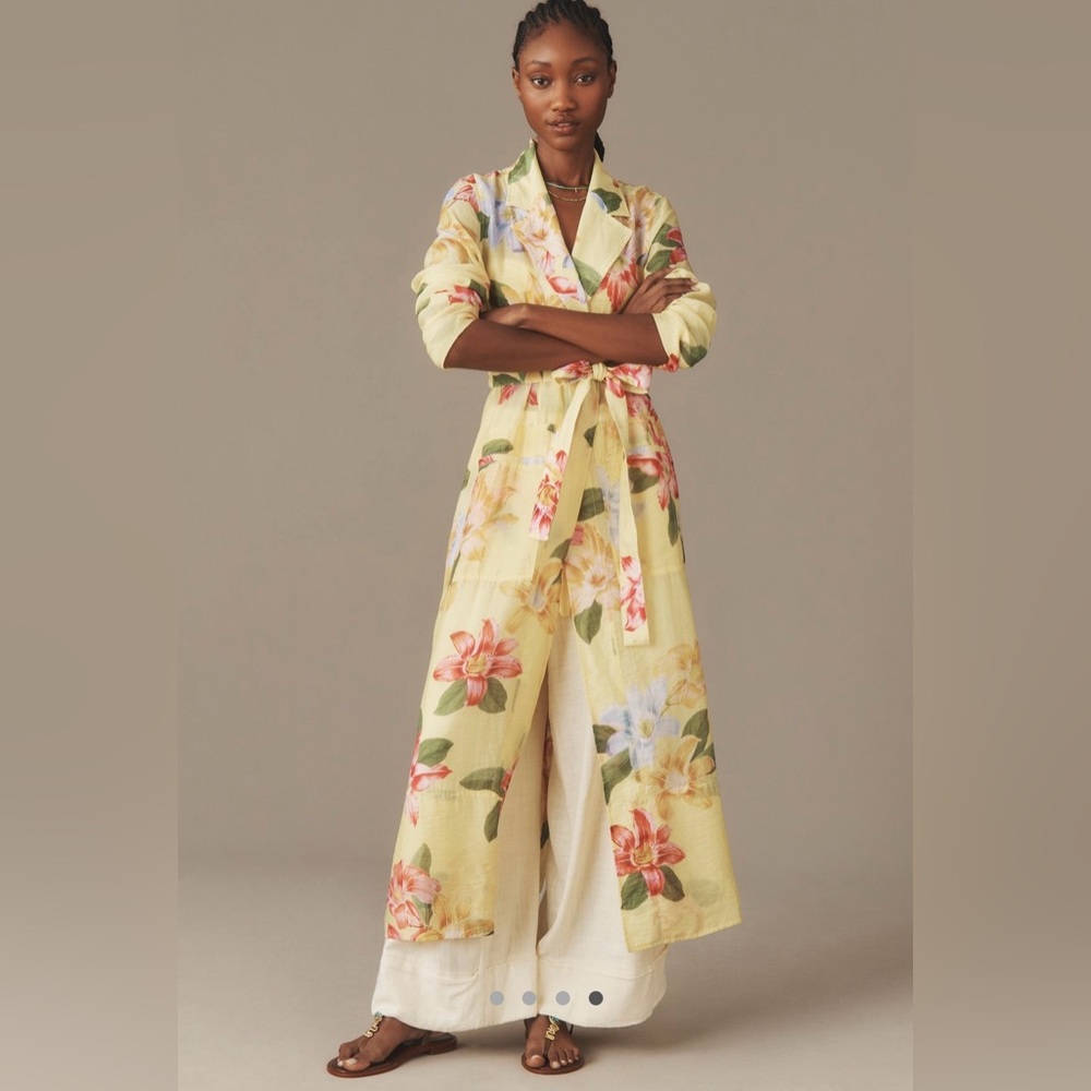 NWT Anthropology Maeve yellow sheer floral printed trench coat size S